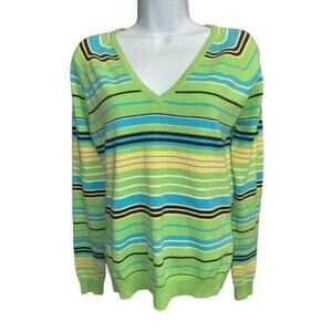 Striped V-Neck Izod Sweater -M- Green, Blue, Yellow